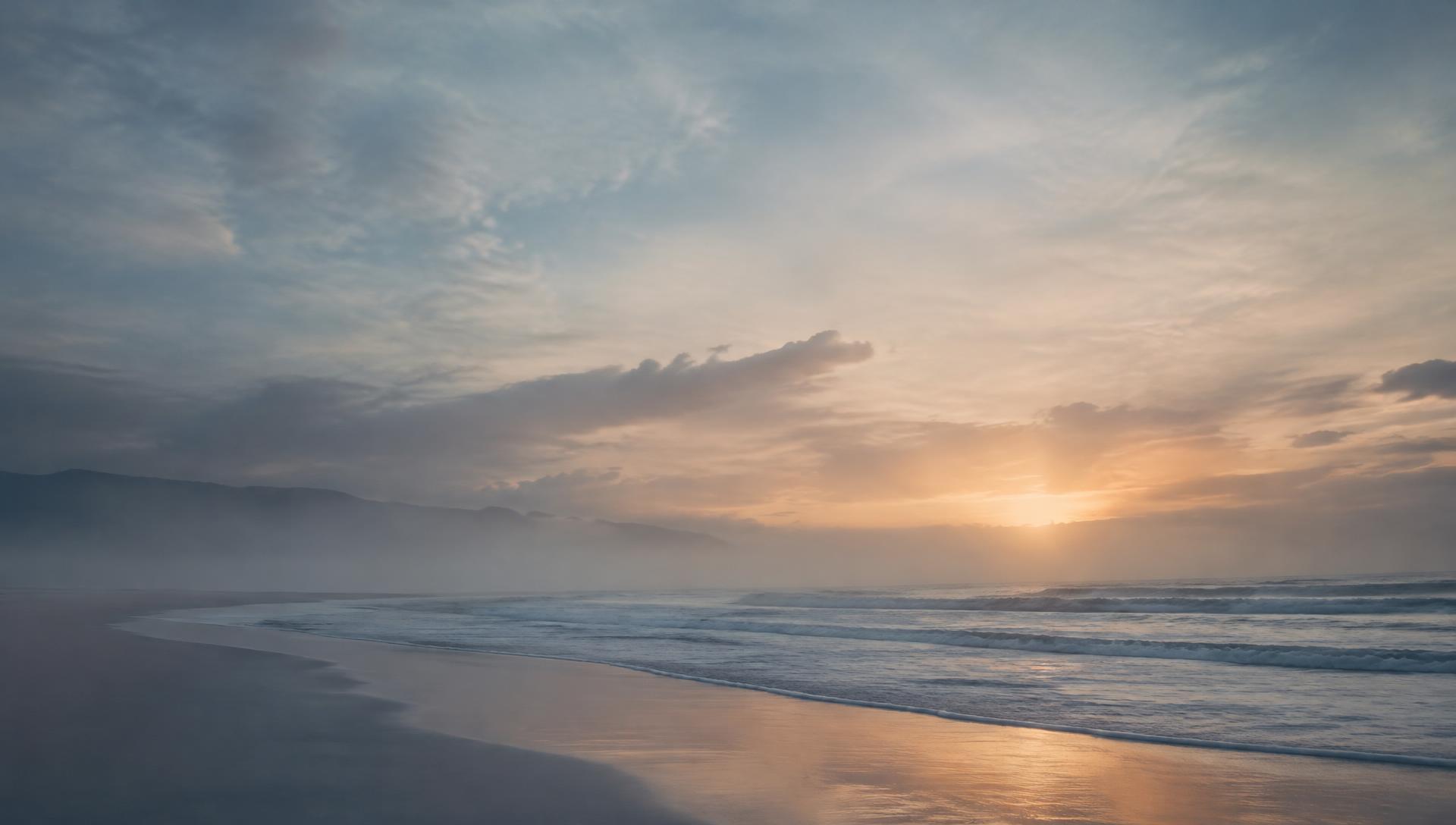 Misty coastal shoreline at dawn