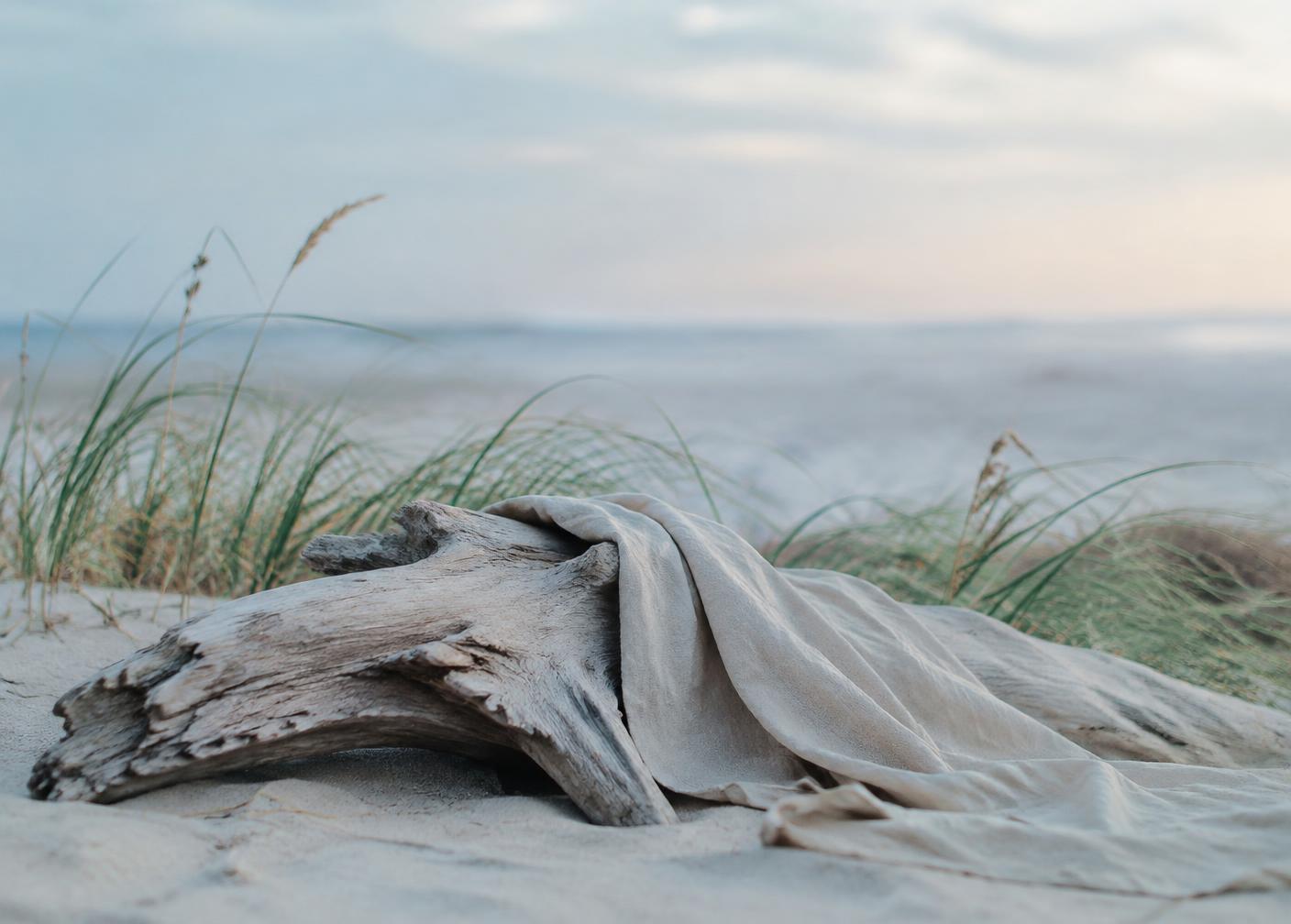 Driftwood and linen on a quiet beach